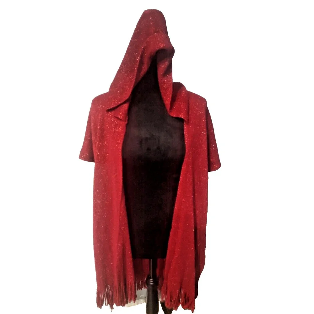 Women's Red Poncho Hooded‎ Knit Shawl whit Ruffle.